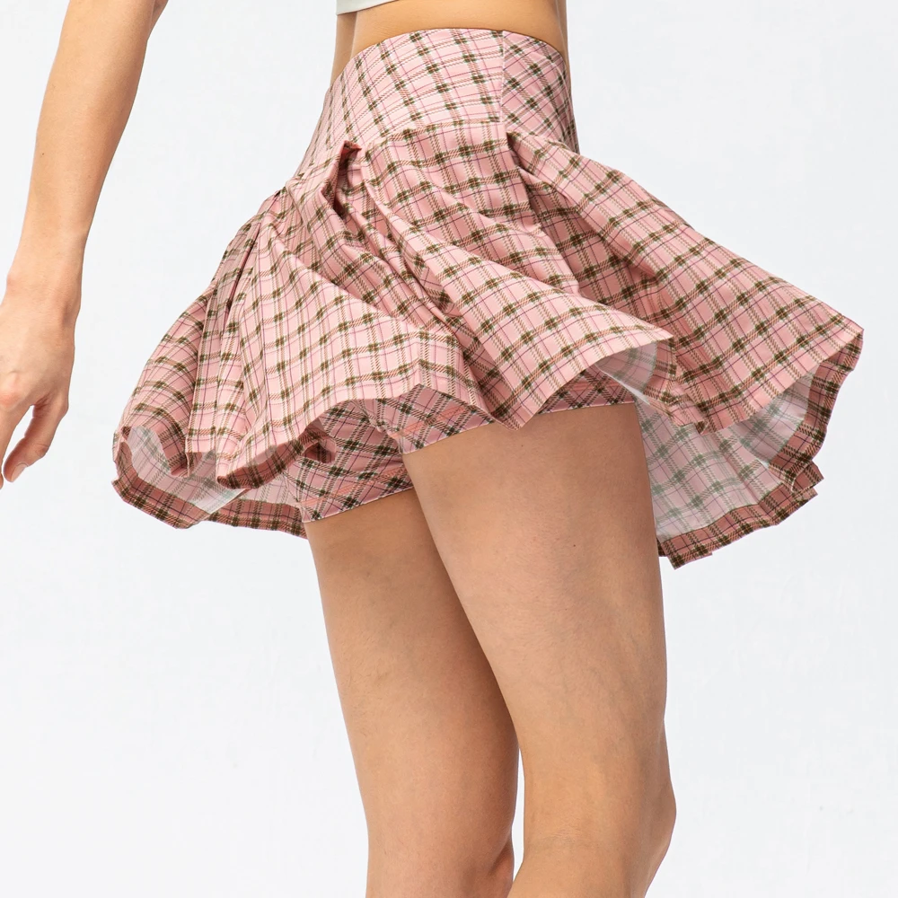 Women Sport Skort with Pockets High Waist Pleated Check Printed Anti-glare Dance Golf Tennis Running Shorts with Skirt