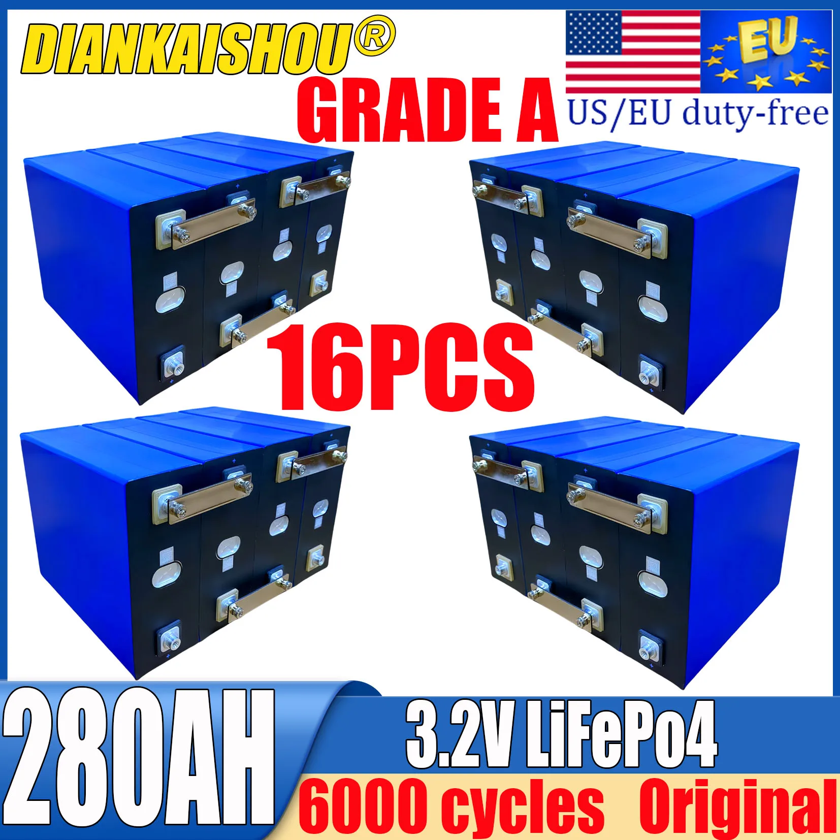 16PCS New 3.2V 320Ah 280Ah 105Ah LiFePo4 Battery DIY 48V RV Golf cart solar energy storage rechargeable battery EU/US duty-free