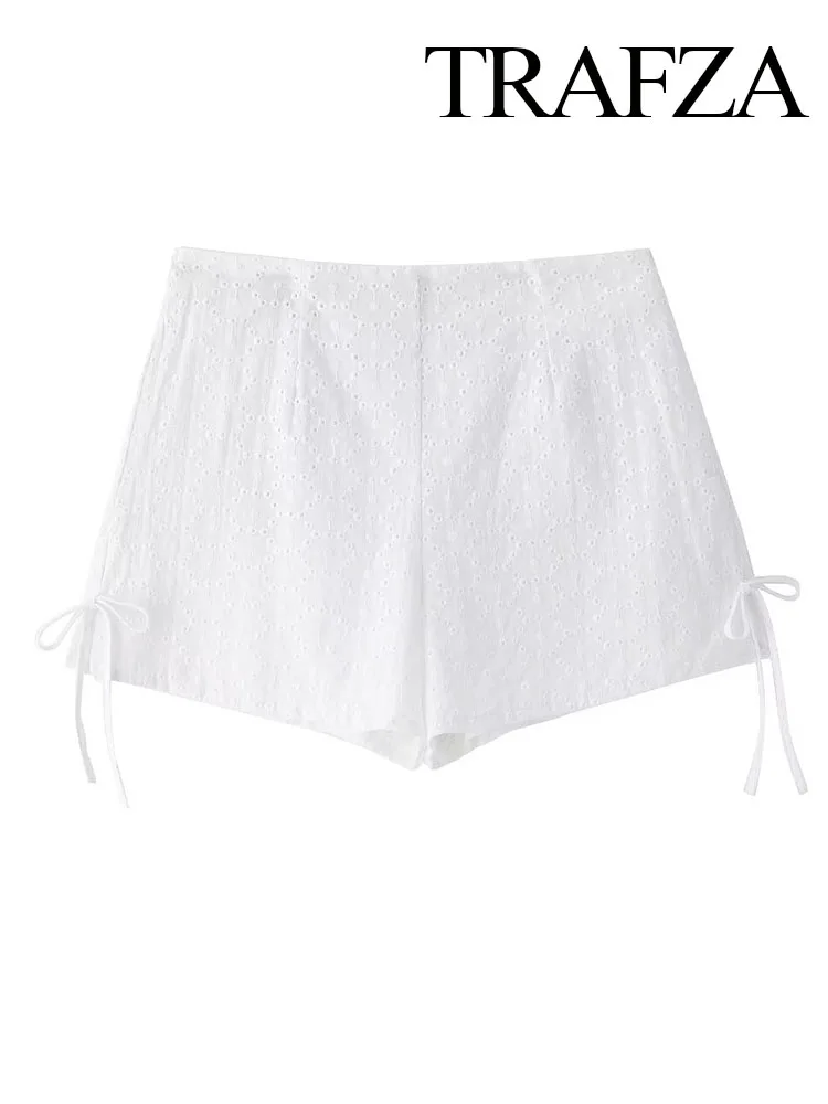 

TRAFZA Summer Women Fashion Side Zipper Hollow Design Mini Skirt Shorts Woman Embroidery Lace-up Decorate Casual Shorts Mujer