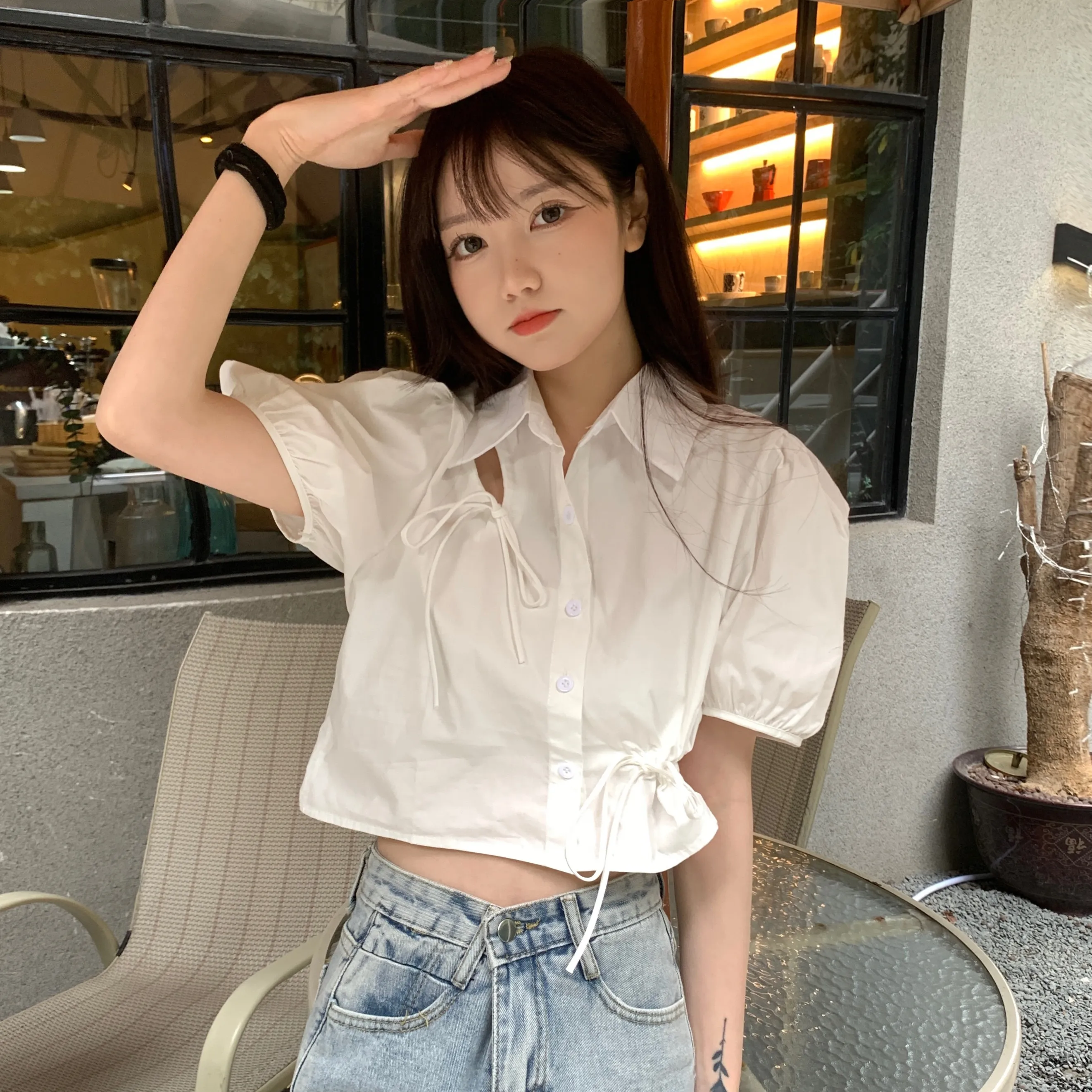 

Careful Machine Drawstring Hollow Short Shirt Summer Design Polo Neck Bubble Short Sleeve Top