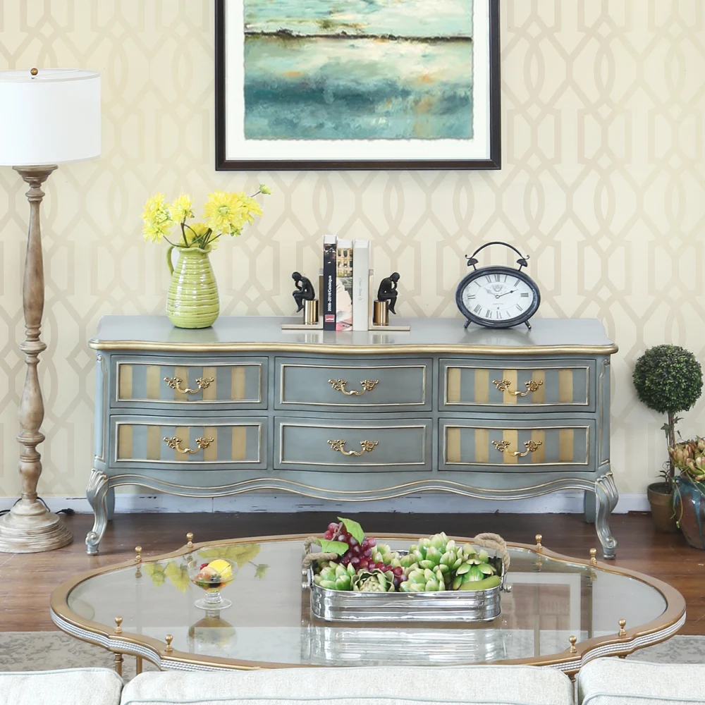 

French retro solid wood hand-carved TV cabinet gold-painted European neoclassical floor cabinet designer drawer cabinet