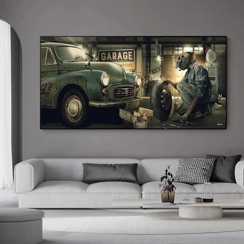 

Dog Repairing The Car Pictures Canvas Cool Bulldog Art Posters and Prints Wall Decrotation for Living Room Home Decor Gift