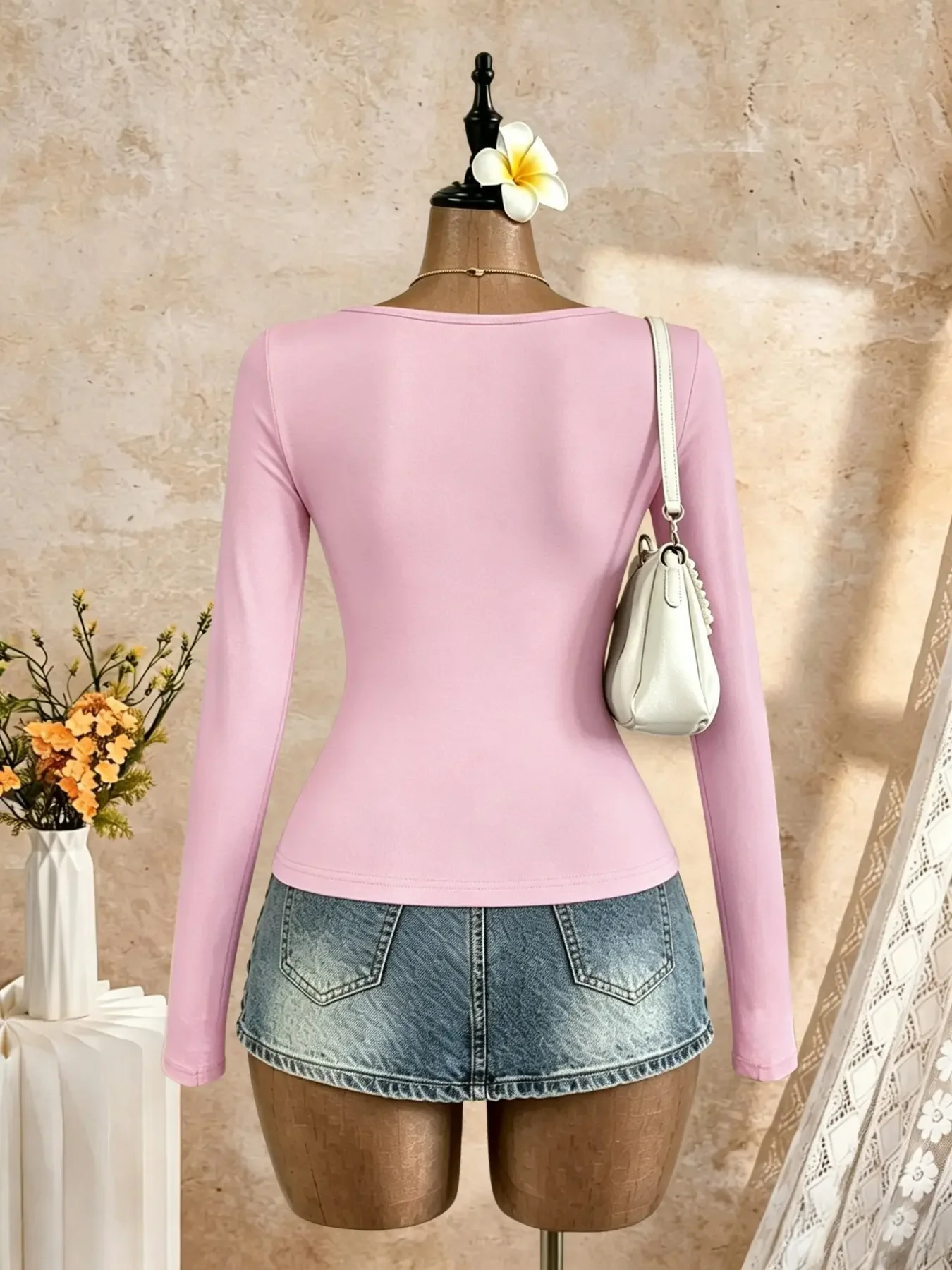 Women Square Neck Lace Up Button Front Long Sleeve Top High Stretch Soft Skin‑friendly Fabric Slim Fit Peplum Hem Y2K Daily Goin