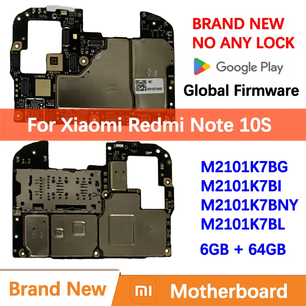 100% Brand New Motherboard for Xiaomi Redmi Note 10S Mainboard Logic Circuit Board Plate Global Unlocked M2101K7BGILNY Hongm