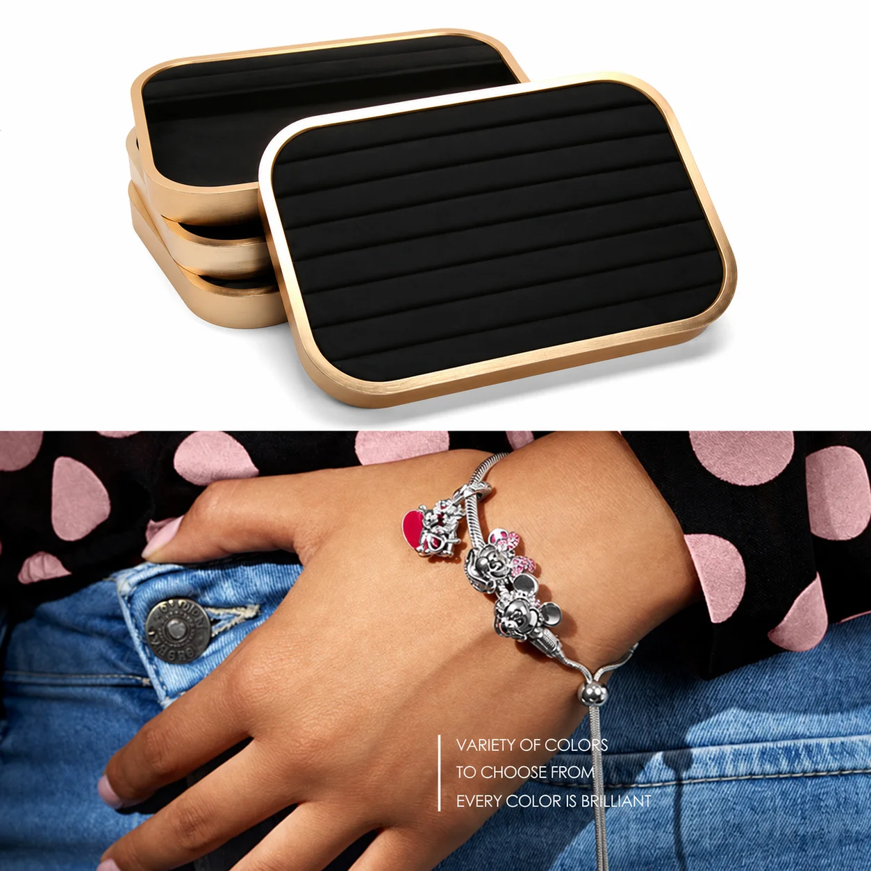 Jewelry Display Tray Rounded Corner Premium Metal Frame Flocked Lined Organizer for Rings Pendants Necklaces Bracelets Plates