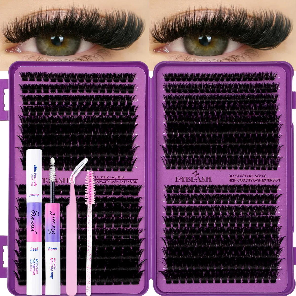 Kit de cils en grappes SEEUI, kit d'extension de cils DIY, cils 3D épais avec colle et fixateur pour cils et pince à cils, maquillage