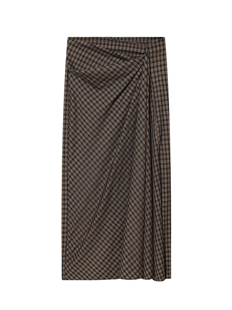 HH Women's New Fashion Vintage Versatile Zipper Pleated Plaid Skirt Female Mid Waist High Street Casual Slit Hem Midi Long Skirt