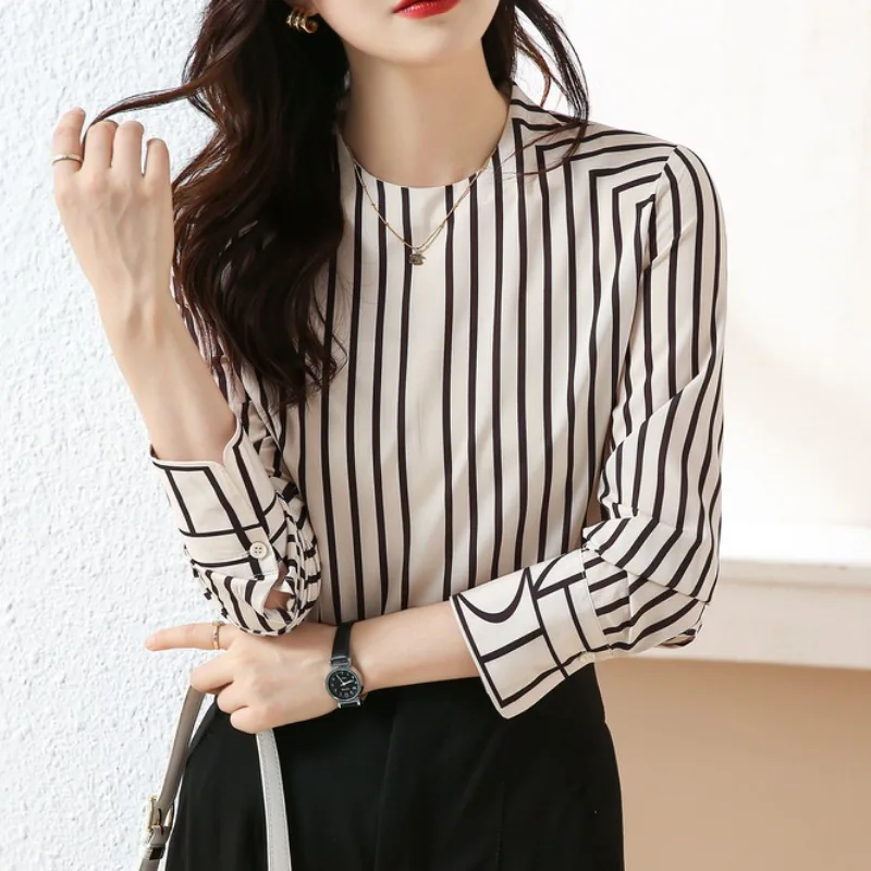 Autumn French Shirt Women Top Casual Fashion Stripe O-Neck Long Sleeve Blouse Office Lady Tops Vintage Loose Clothes Blusa