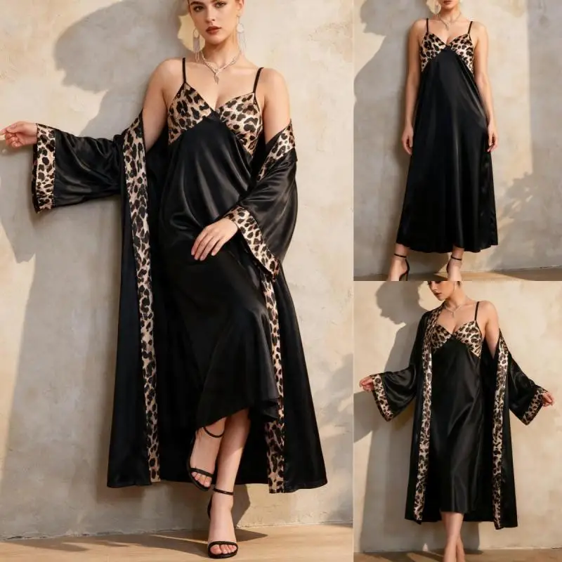 Women Leopard Print Satin 2 Piece Pajama Set Spaghetti Strap Long Slip Dress Long Sleeve Robe Feel Sexy Nightgown Sleepwear