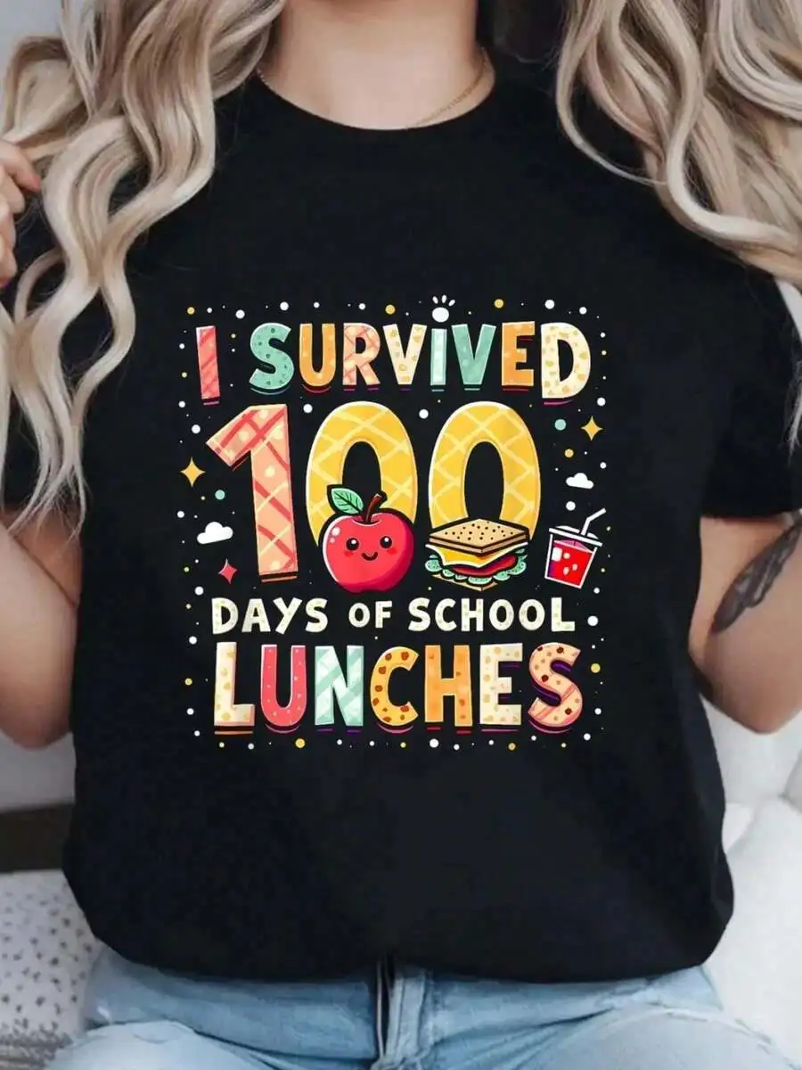 100% Cotton 100% Cotton Maija Women's Tee 100% Cotton 100 Days Of Lunch Women School Cafeteria Worker Lunch Lady T-Shirt Print Round Neck Short Sleeve T-Shirt For Women Casual, Summer, Women Top Graphic Tees Women Tops.Jpg