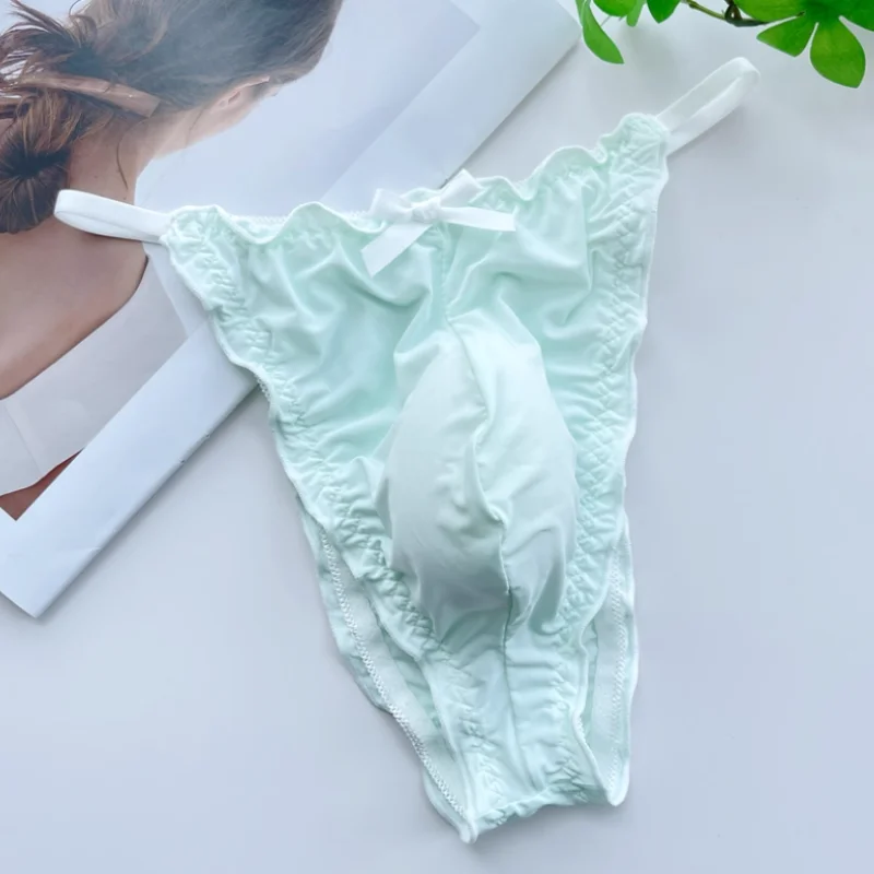 Smooth Lace Mesh T-Briefs Ruffled Sweet Man's Thong Briefs Bow Ice Silk Low Rise T-back LGBQ Private Party Cosplay Costumes