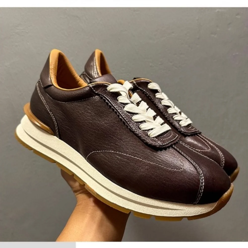 

QHCCID Men's Handmade Genuine Leather Casual Shoes Classic Breathable Trendy Sports Leisure Board Shoes Horsehide Material