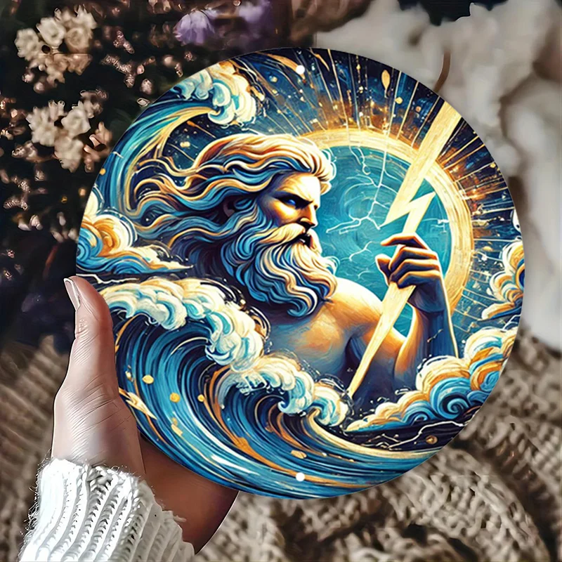 Zeus Metall-Blechschild, Aluminium, rund, Wandkunst, griechische Mythologie, Retro-Dekor, Vintage, für Zuhause, Garage, Café