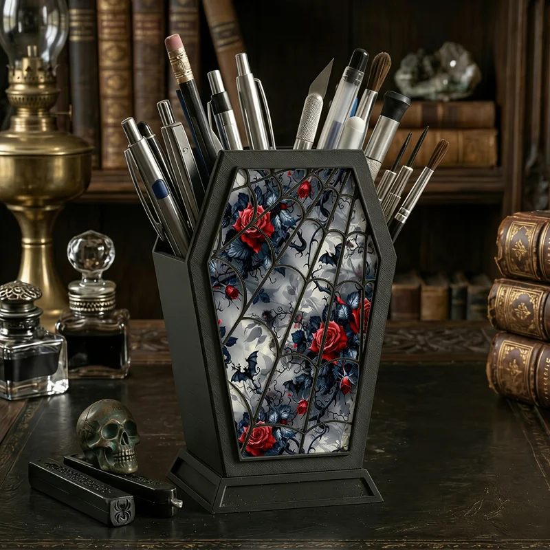 Gothic Floral Pen Holder Red Rose Spider Web Pattern Pencil Cup Spooky Desktop Stationery Organizer Halloween Home Office Desk D