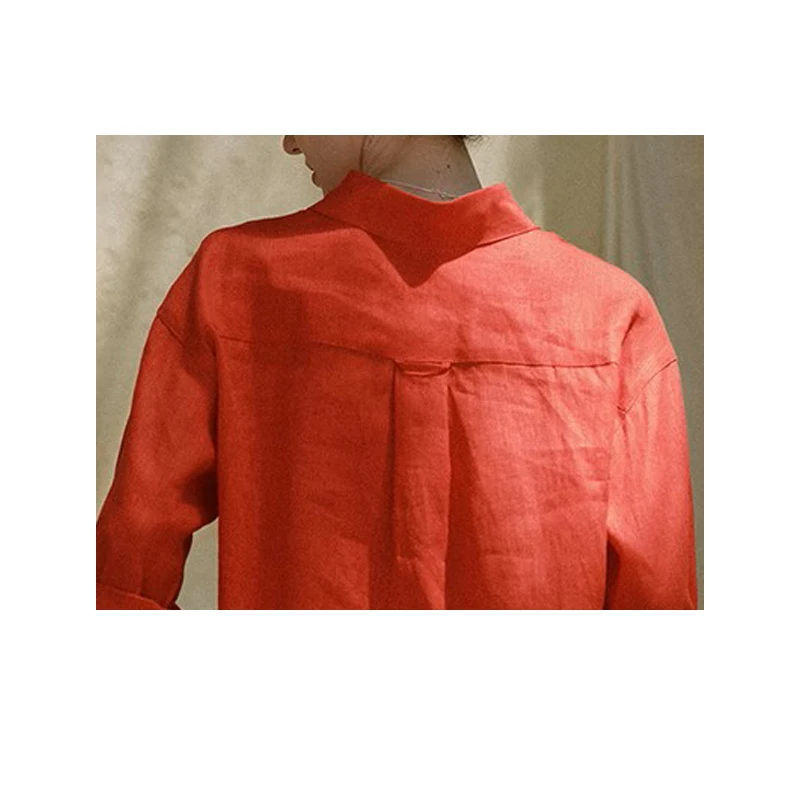 Camicia a maniche lunghe da donna in lino 100% Lino naturale rosso Allentato Top casual taglie forti per giochi all'aperto Comodo sudore da polso fresco