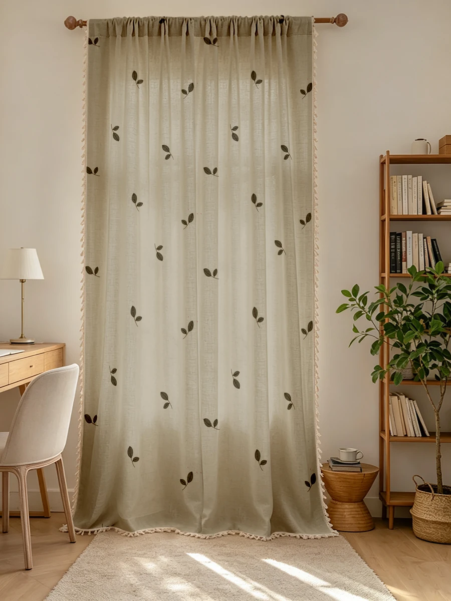 1PC Minimalist Tassel Sheer Curtains, Small Leaf, Digital Print, Linen Polyester, Bedroom Living Room Kitchen, Home Decor