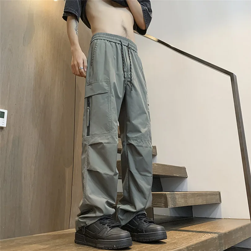 Men'S Cargo Pants Fashion Black Side Pockets Casual Wide Leg Pants For Man Hip Hop Street Adjustable Hems Straight Trousers