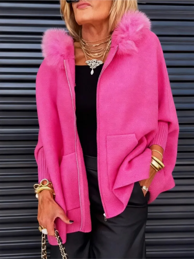 

Autumn And Winter New Comfortable Casual Loose Top Women's Fashion Hooded Large Fur Collar Zipper Pocket Long-sleeved Jacket