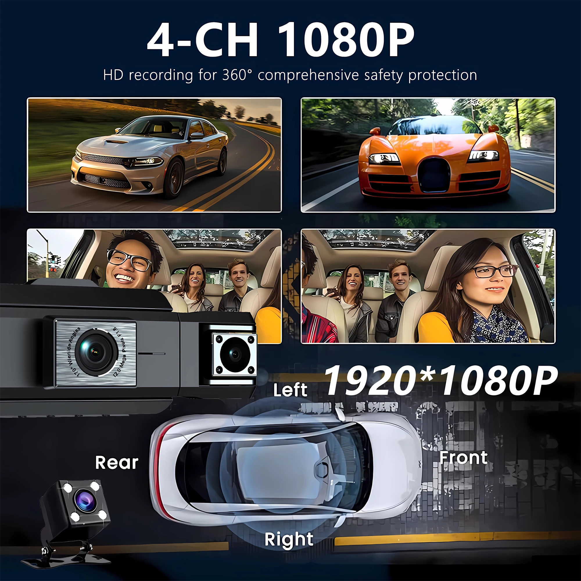 Dashcam 4 Channels Wifi 360° Dash Cam Car Dvr Dashboard Cameras For Car Way Back Box Parking Mode 24H Front And Rear Interior