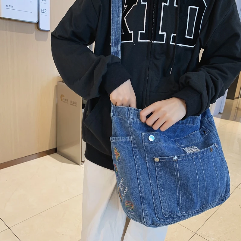 Washed Denim Tote Bags For Women Shoulder Book Bag Blue Jean Star Embroidery Multi-pocket Big Capacity Shopper Messenger Y2K Bag