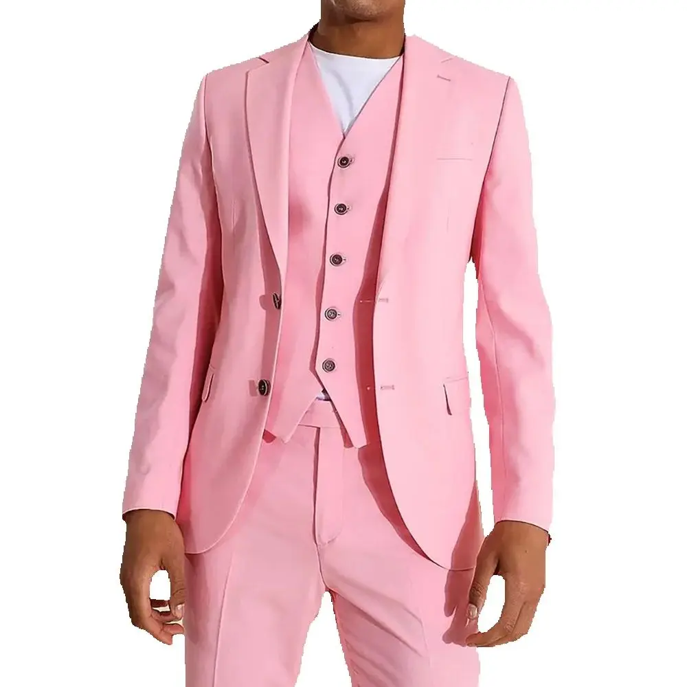 Fashion Single Breasted Pink Peak Lapel 3 Pieces(Jacket+Pants+Vest) Male Formal Wedding Party Set