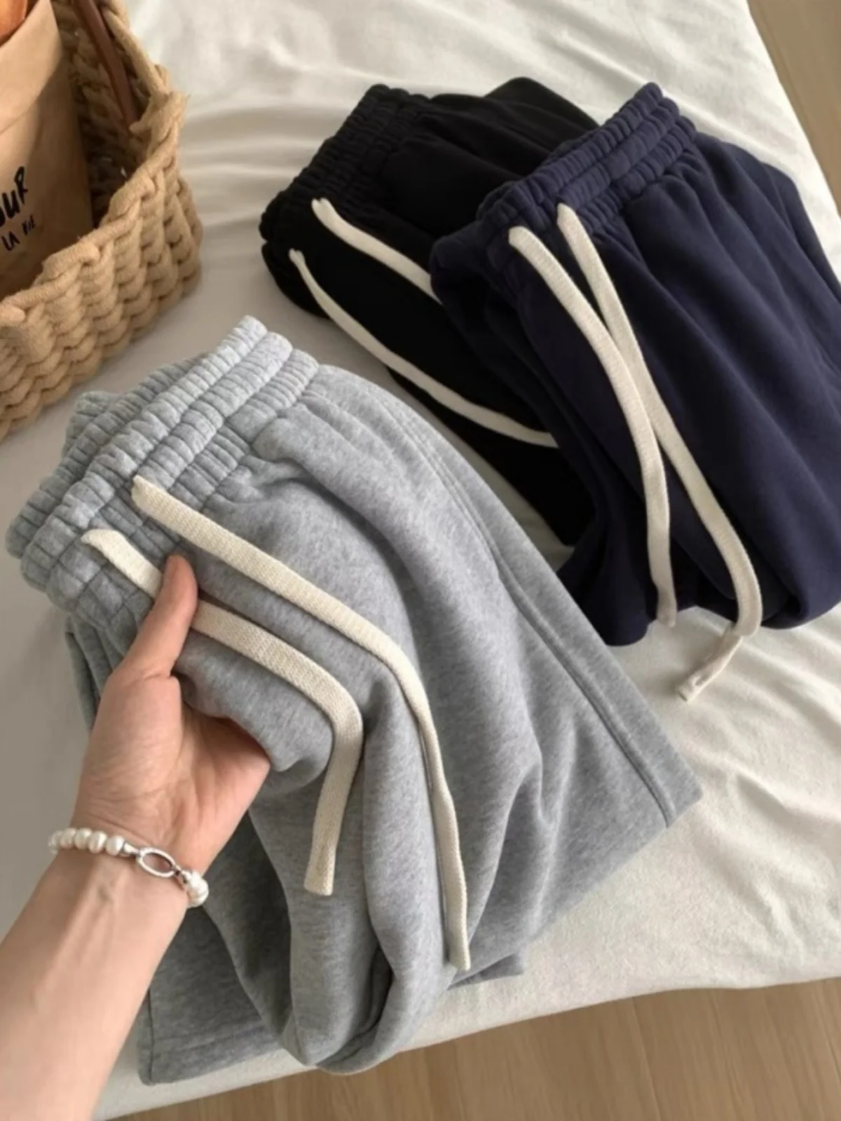 

Fce Lined Wide Leg Scythe Pants Women's Winter New Sle Simple Match Slim Straight Sweatpants Loose Leggings Scythe Pants