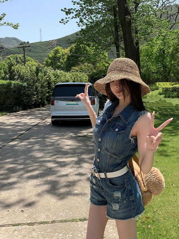 Titi Little Sister Denim Trendy Jumpsuit Women Summer Retro Cool Slimming Hole Denim One-Piece Suit Cotton Blend Fabric