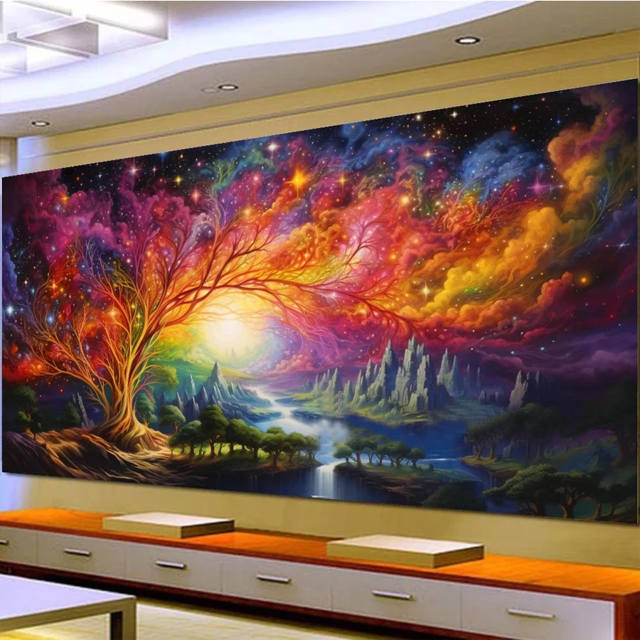 Large size Diamond Painting abstract Starry Sky Trees Landscape Full Drill, diamond Embroidery Home Decor, 5D DIY mosaic gift