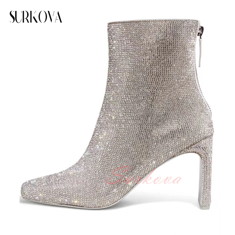 Grass Green Full Rhinestones Ankle Boots Square Toe Zipper High Heel Fashion Short Boots Flat High Heel Ladies Ankle Boots New