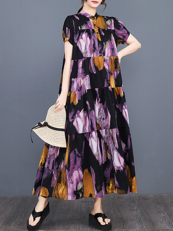 Vestido de Verão Novo com Estampa Rizada, Manga Curta, Saia em A, Gola Alta, Solto, Saia em Camadas, Barra Larga