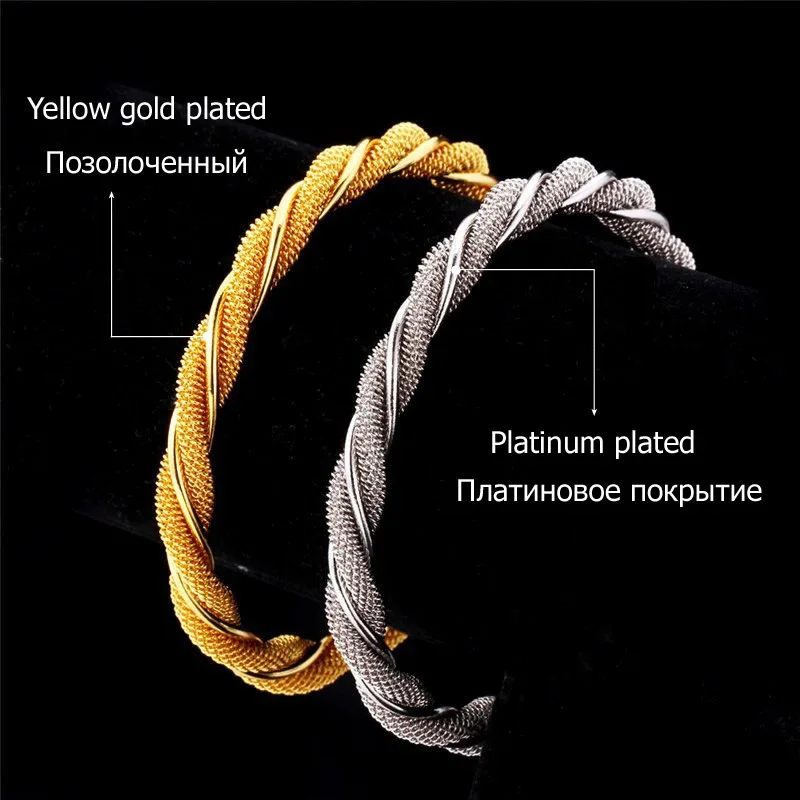 U7 Twisted Braiding Net Cable Cuff Bangle Bracelet Trendy Gold/Silver Color Jewelry 6cm Diameter Round Adjustable Size QC24