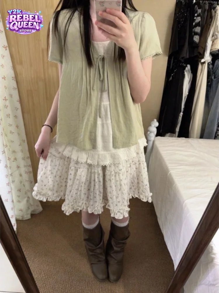 

Japanese Sweet Kawaii Vintage 3 Piece Set Women Camisole Top + Cardigan + Layered Skirt Suits Summer Chic Daily Casual Clothes