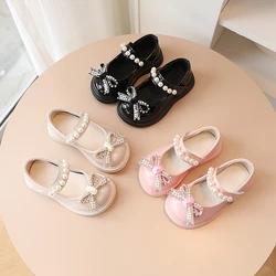 Girl's Mary Janes Beading Shallow Pearl Shallow Kids Leather Shoes Platform Three Colors Autumn Cute Children Flat Shoe 21-30