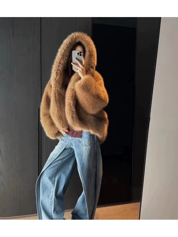 Winter Fashion Faux Fur Outerwear Trendy Plush Fluffy Loose Soft Gorgeous Party Energetic Colorful Hip Hop Cute Hooded Outerwear