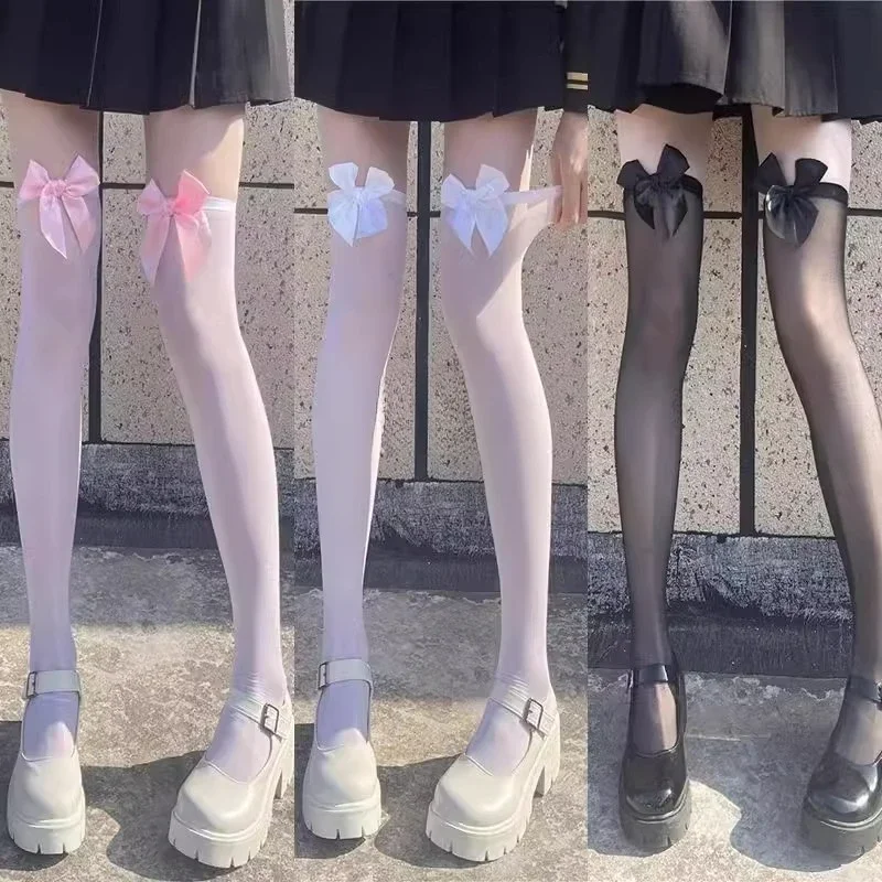 Sexy Bow Stocking for Women Black White Long Stocks Over-the-calf Socks JK Cosplay Socks Girls Lolita Hosiery Thigh Stockings