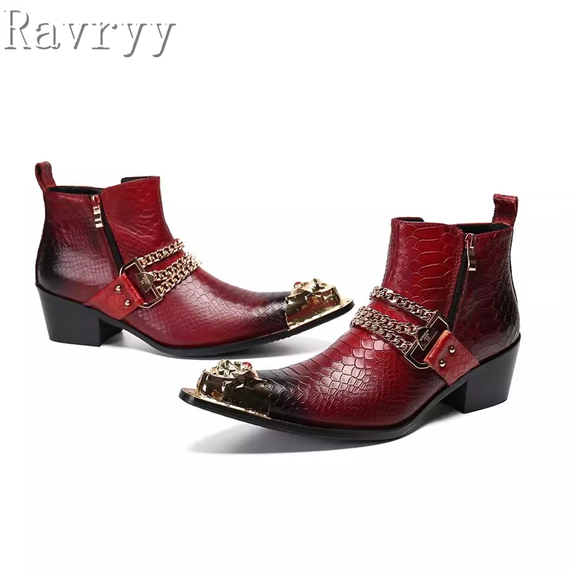 Luxury Design Meta Pointed Toe Chain Ankle Boots Men Genuine Leather Side Zipper Short Boots New Party Banquet Men's Shoes