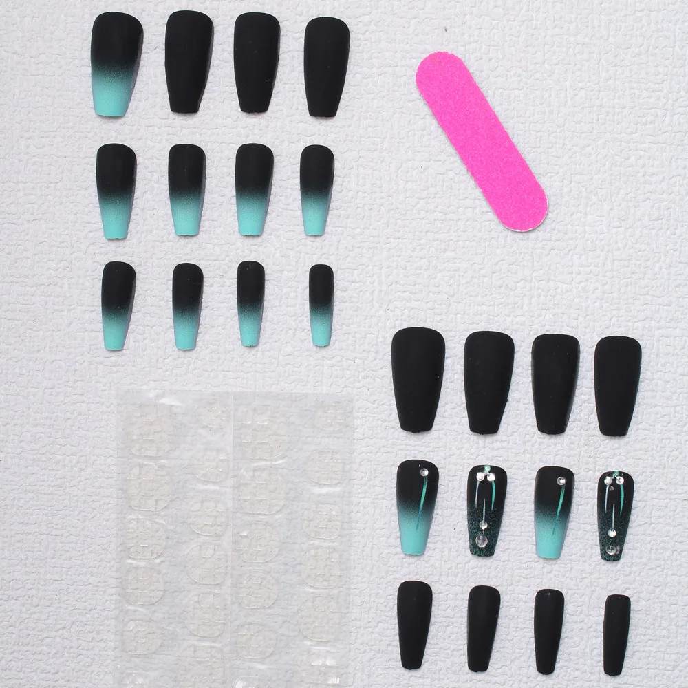 24 Pcs Fashion Long Press on Nails Simple Nail Tips Black Green Gradient Self-adhesive False Adhesive Nails Artificial Nails Set