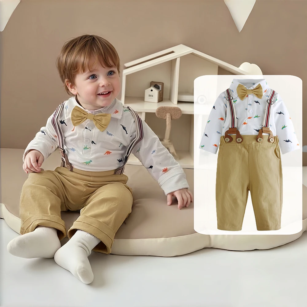 

Infant Autumn Spring Clothes 3 6 9 12 18 24 Months Baby Boys First Birthday Costume Long Sleeve Dinosaur Print Romper Set