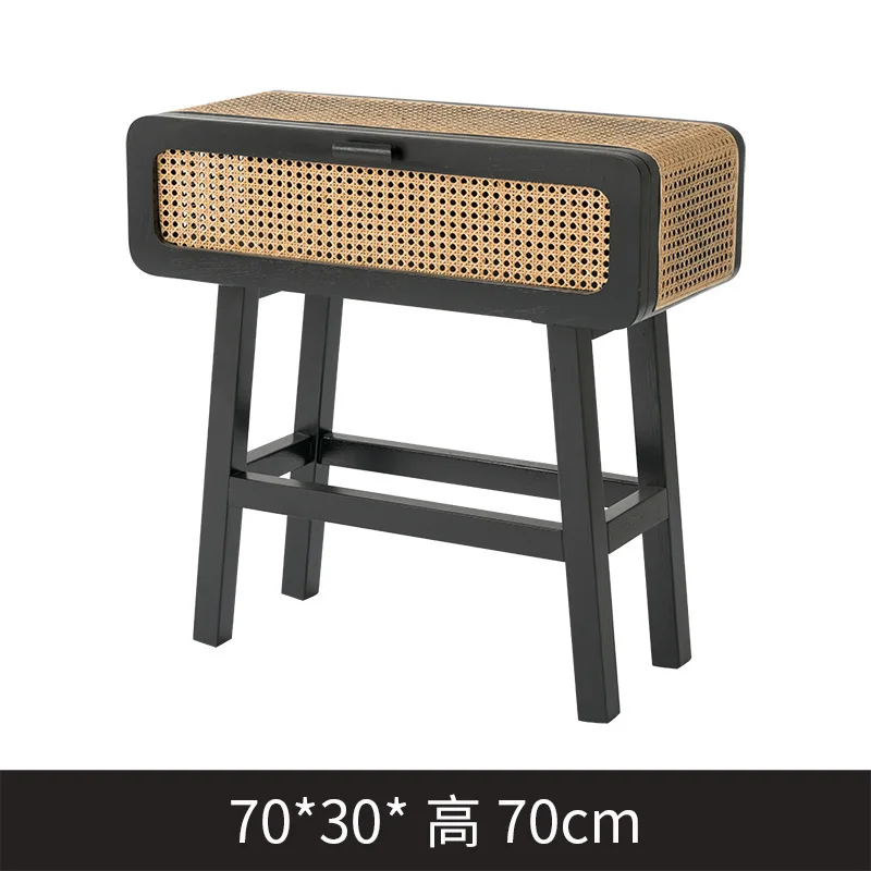 Nordic home bedroom rattan solid wood bedside tableInternet celebrity living room dining side table storage cabinet homestay Jap