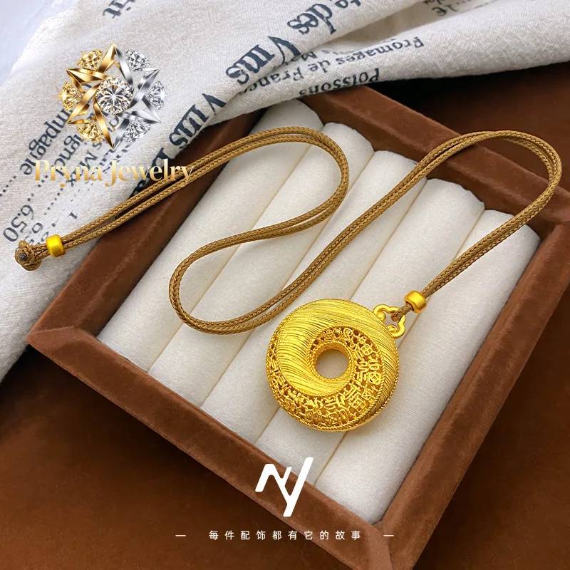 Pryna Jewelry  luxury designer 9999 24K real gold Chinese style filigree hollow brushed pattern blessing word peace buckle penda