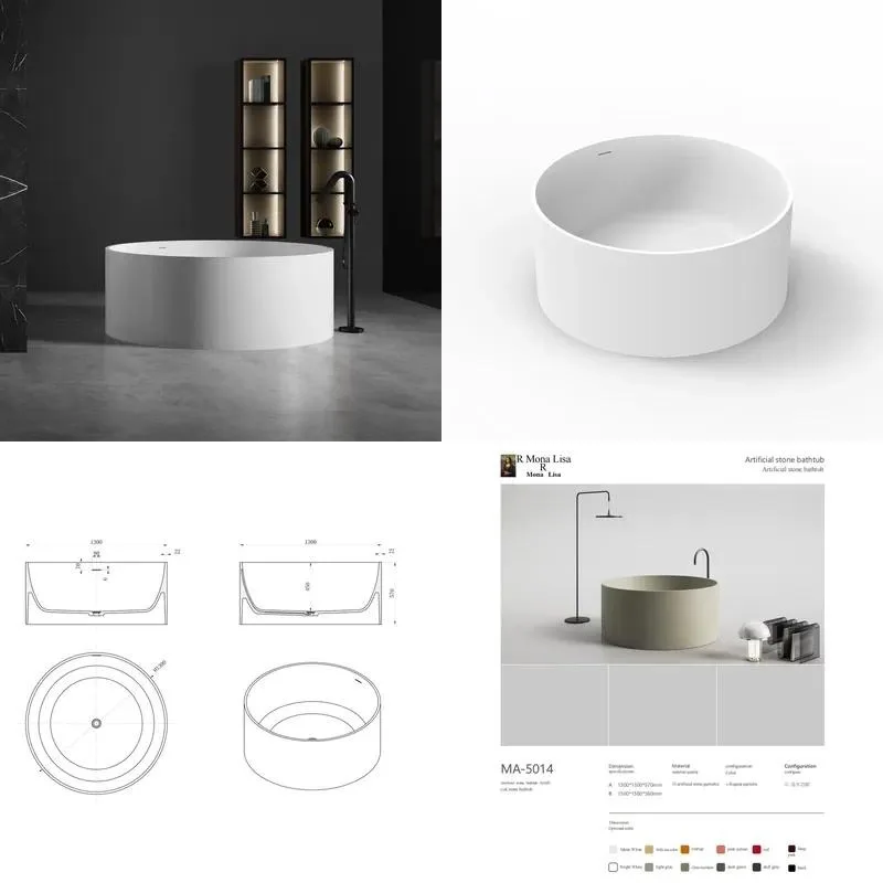 Elegant Modern Artificial Stone Bathtub Free Standing Cylindrical Tub Textured Surface Luxury Bathroom Fixture