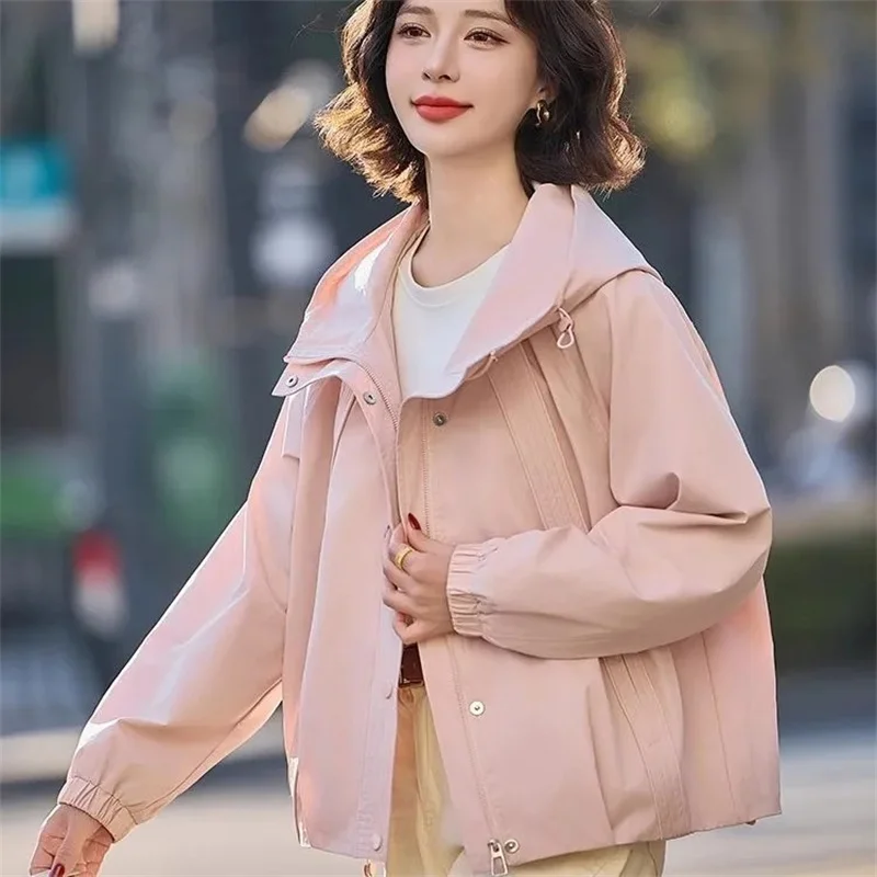 Unique Petite Short Jacket for Women in Spring Autumn 2025 Pink Loose Color age Reducing Beautiful Workwear Casual Hooded Jacket