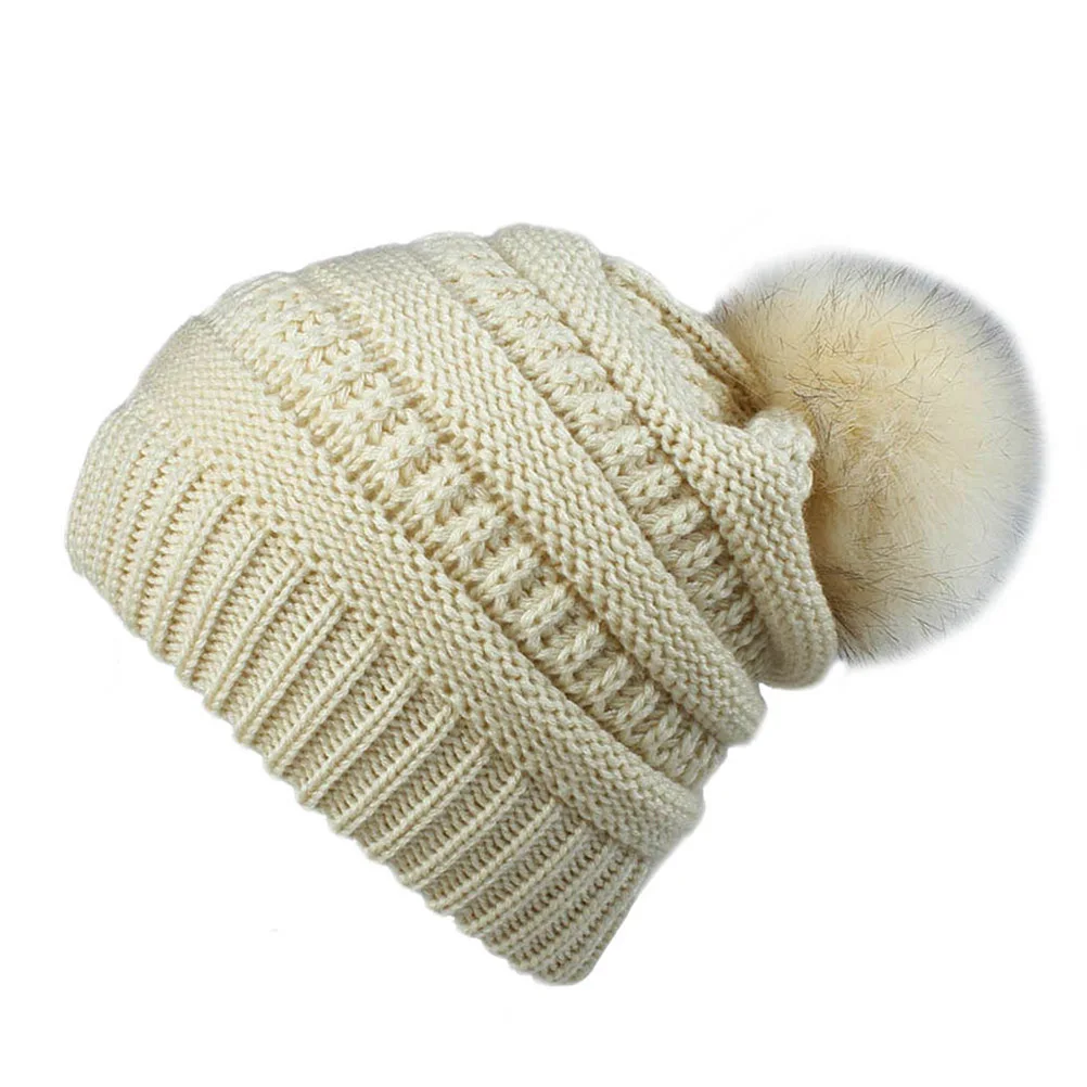 

Women Knitted Wool Hat Warm Beanie For Winter Stylish Ball Headgear Autumn Winter Gift For Girlfriend Family Beige One Size Fits