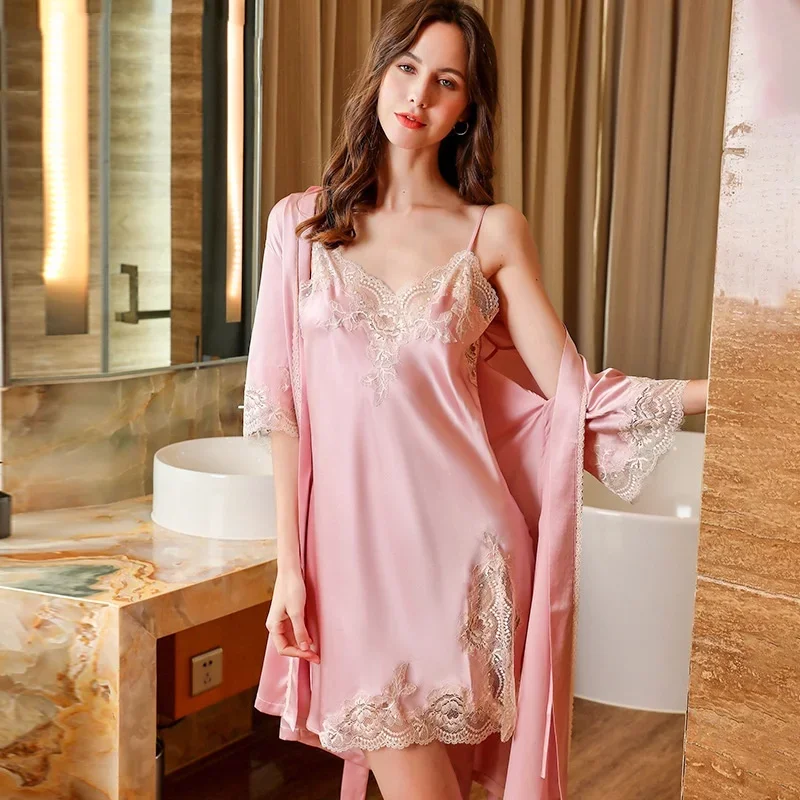 19 momme Pure Silk Lace Chemise Nightgown and Robe Set Ladies Two-Piece Luxury Satin Home Suit for Women Sexy Silk Pajamas Woman