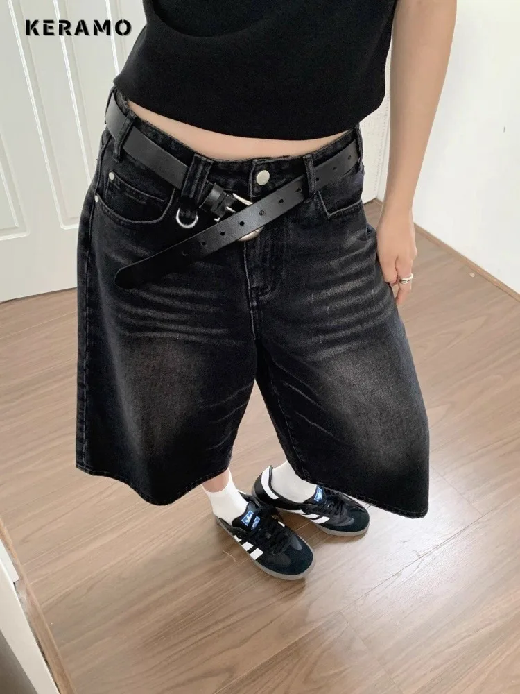 Shorts jeans preto de cintura alta feminino, lavado retrô, casual, estilo solto, streetwear Y2K, meio longo, moda vintage, Harajuku