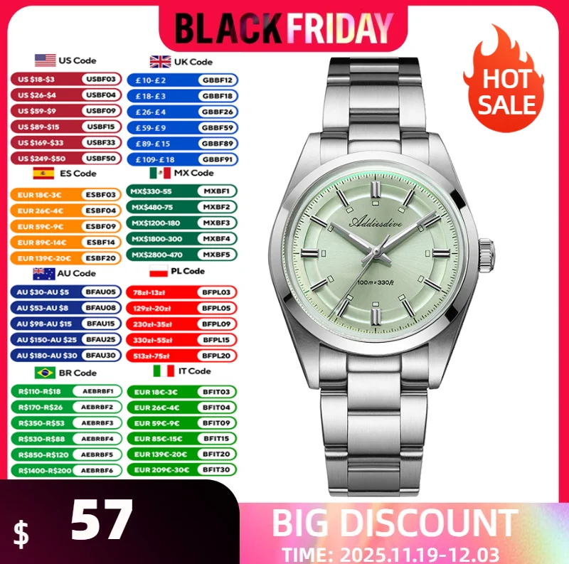 

ADDIESDIVE 36mm Men's Quartz Watch Waterproof 100m Super Luminous Bubble Glass Wristwatch Champagne Luxury Stainless Steel Watch