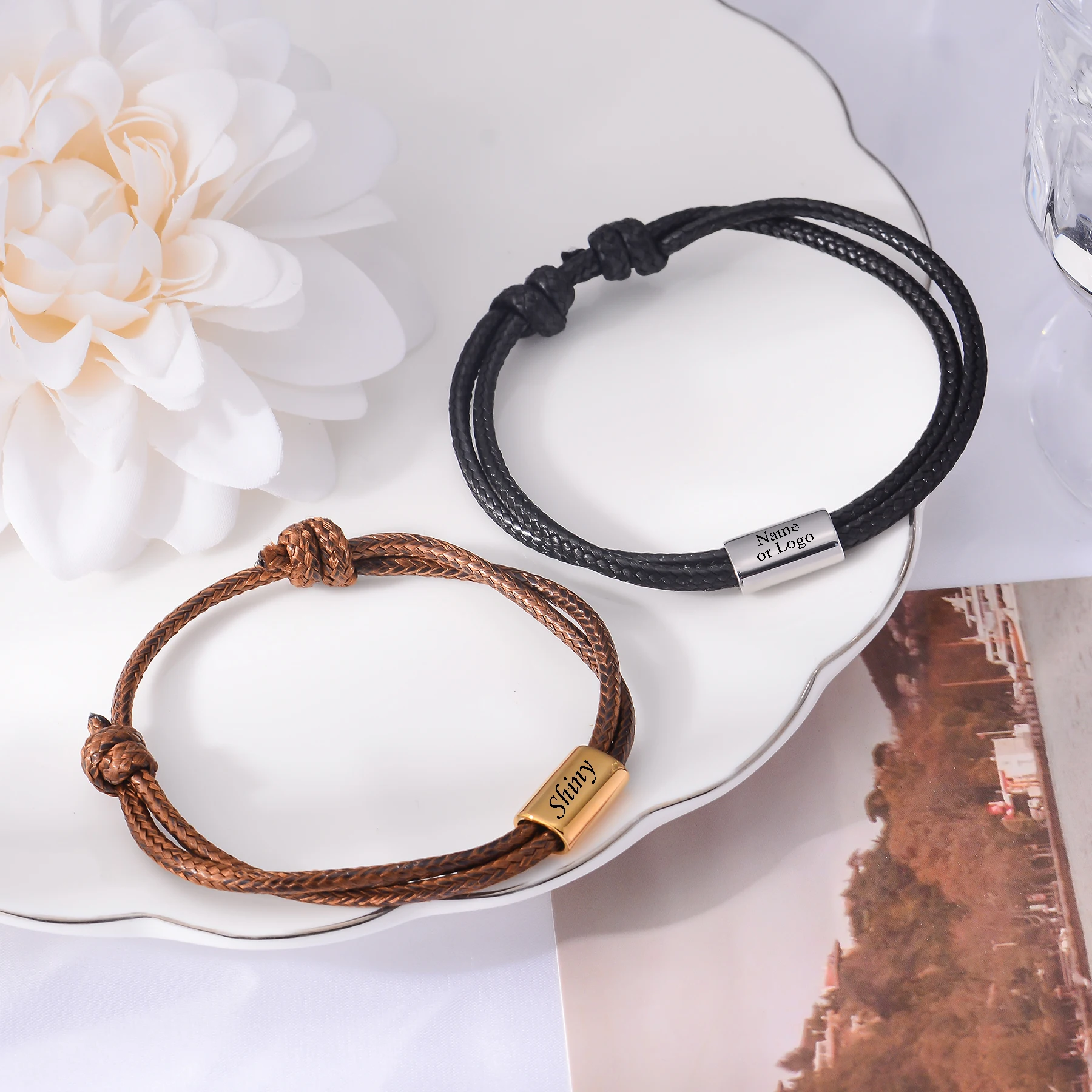 Custom Engraved Name Fashion Braided Bracelet Adjustable Design Jewelry Simple Wristband for Sports Bracelet Men Daily Wear Gift