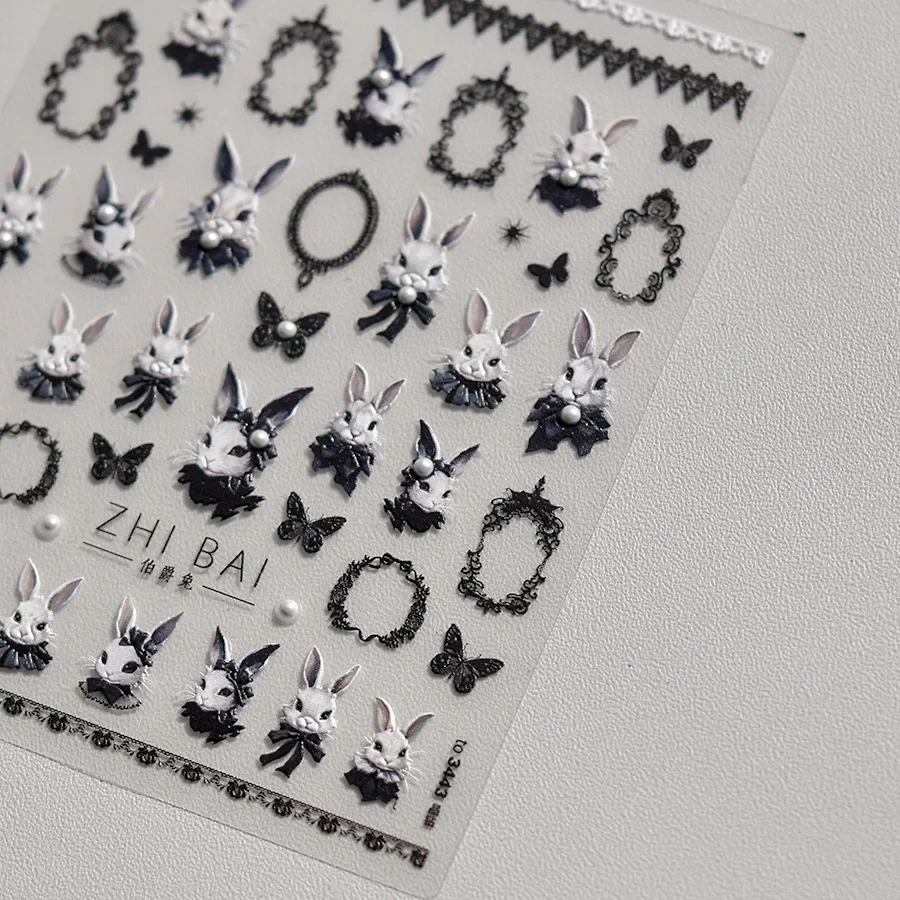 Punk Rabbit Dark Butterfly 5D Nail Art Stickers Japanese Cute Lace Pearl Nail Art Decals Decorations DIY Manicure Accessories