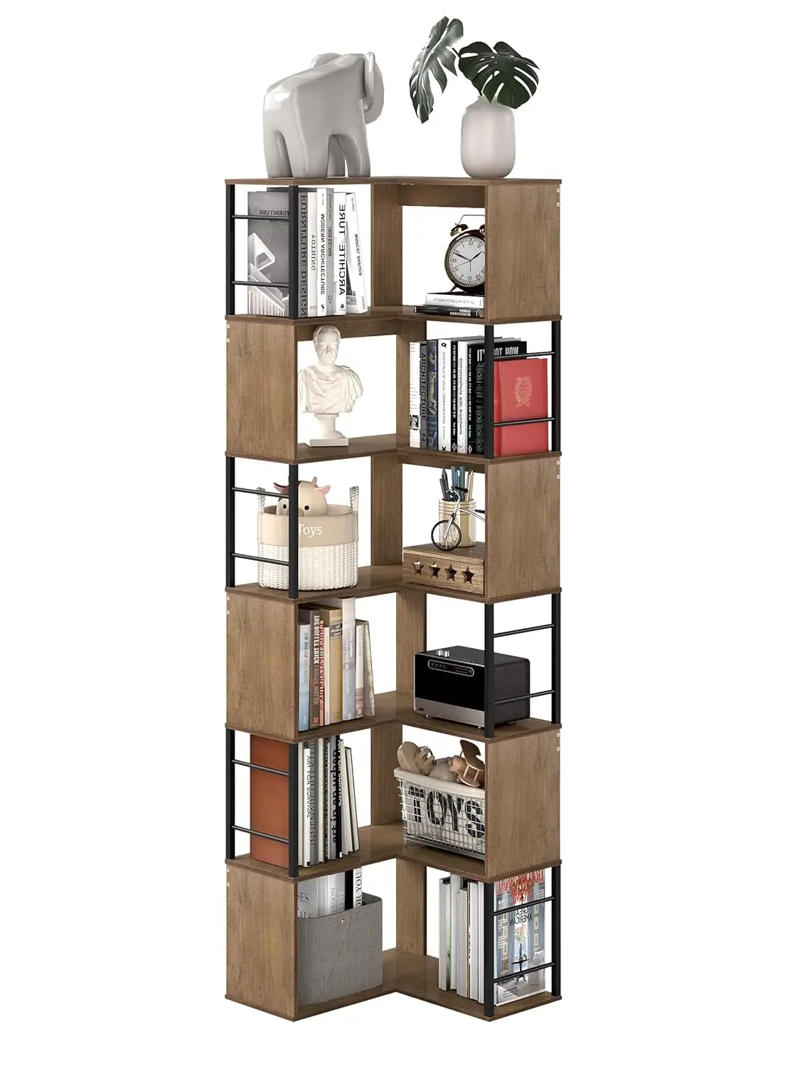 

7 Tier L Shaped Corner Bookshelf, 74" Tall Metal Wood Bookcase with Anti-Tipping, Freestanding Display Storage, Customized