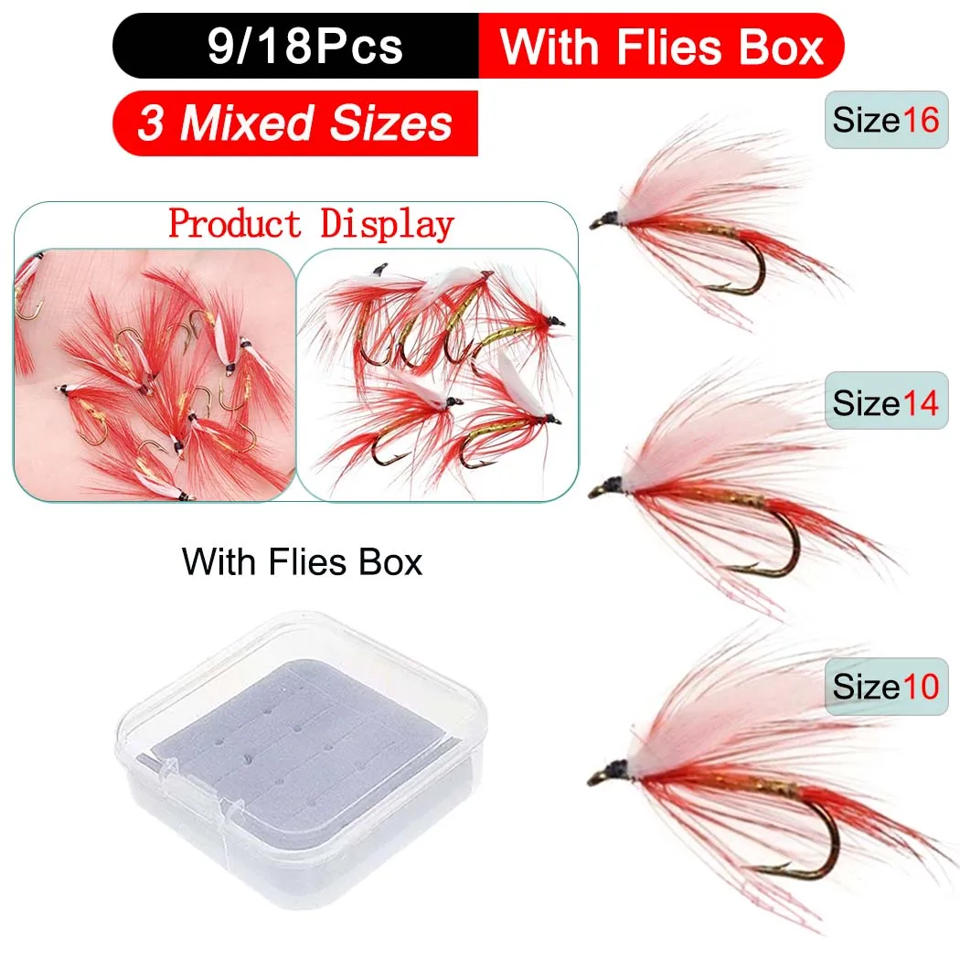 9/18Pcs/Box Fishing Hook Artificial Insect Bait Fly Wet Fly Red Trout Fishing Lures for Outdoor Fishing